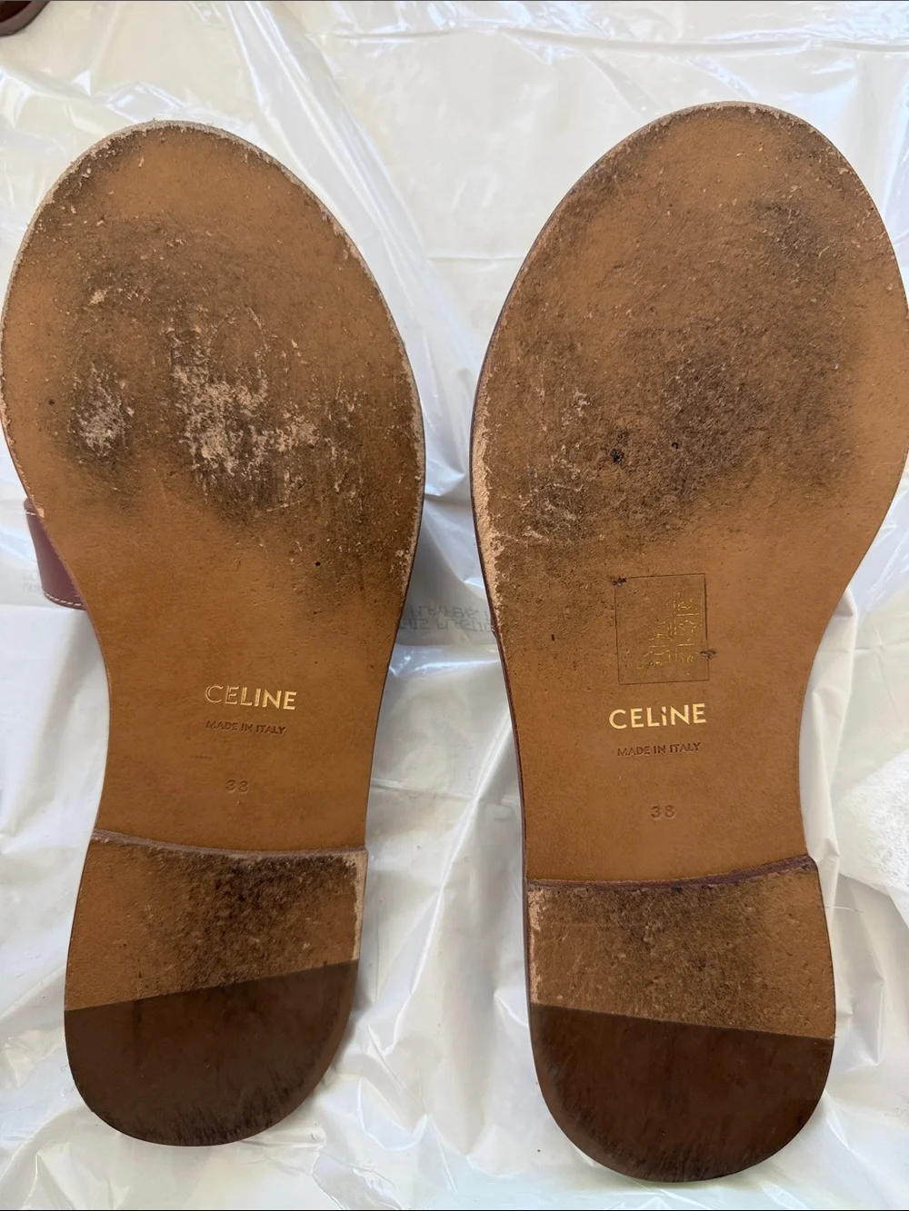 Celine Tan Brown Leather Embossed Slide Sandals with Gold Studs